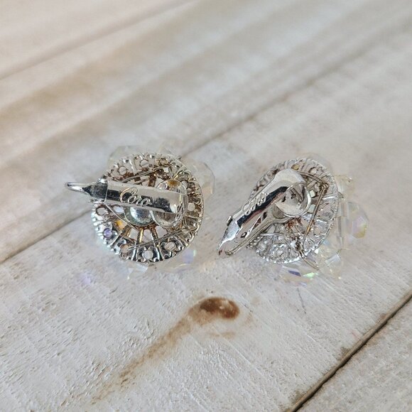 Vintage Coro Signed AB Cluster Earrings Clip On Crystal Silver Tone - Picture 8 of 8